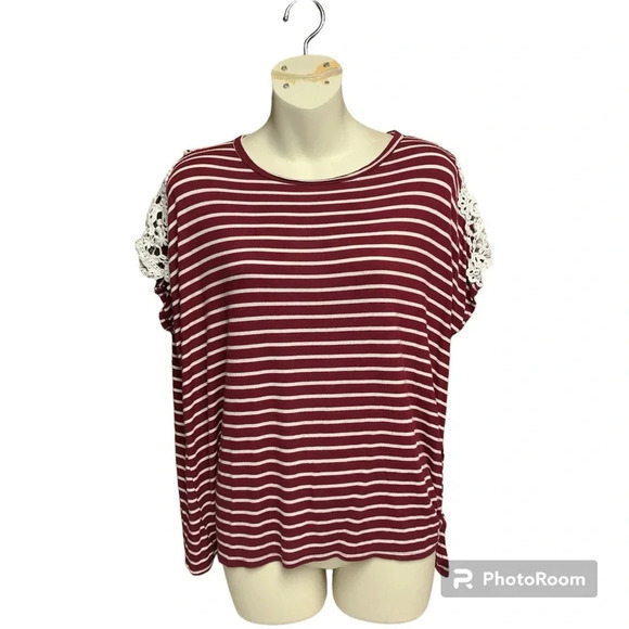 Lovely Souls size large top lace shoulders burgundy/white stripes side tie - Picture 1 of 7